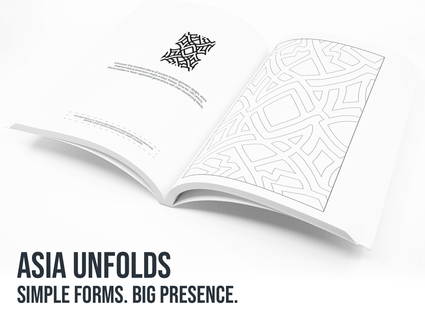 Open book with geometric patterns and text 'Asia Unfolds' on a white background