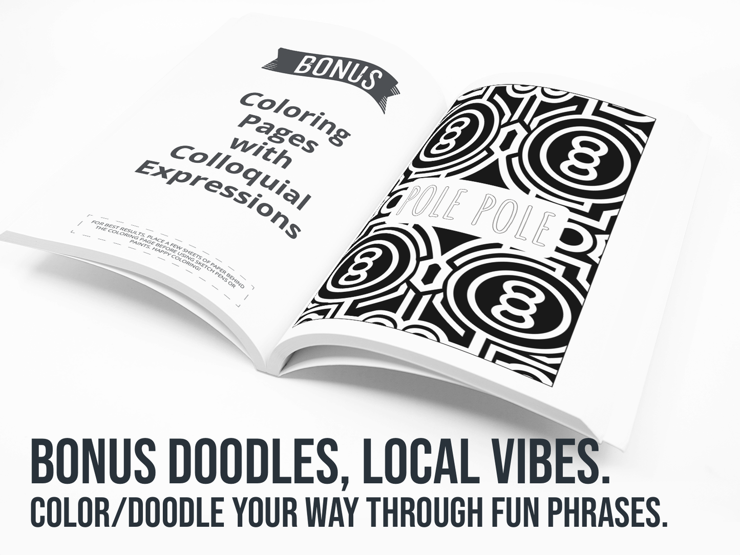 Open book with black and white doodles and colloquial text on a white background