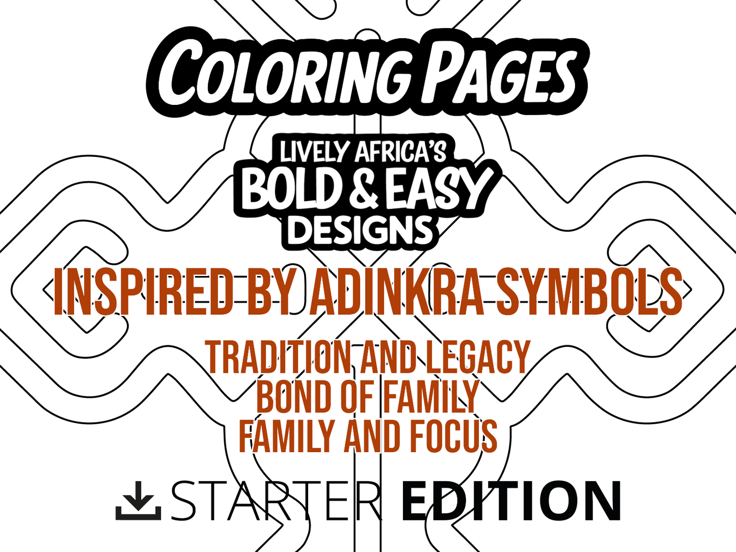 Cover page of a Starter Edition coloring pages pack with Adinkra symbols inspired by Africa, featuring Bold and Easy designs.