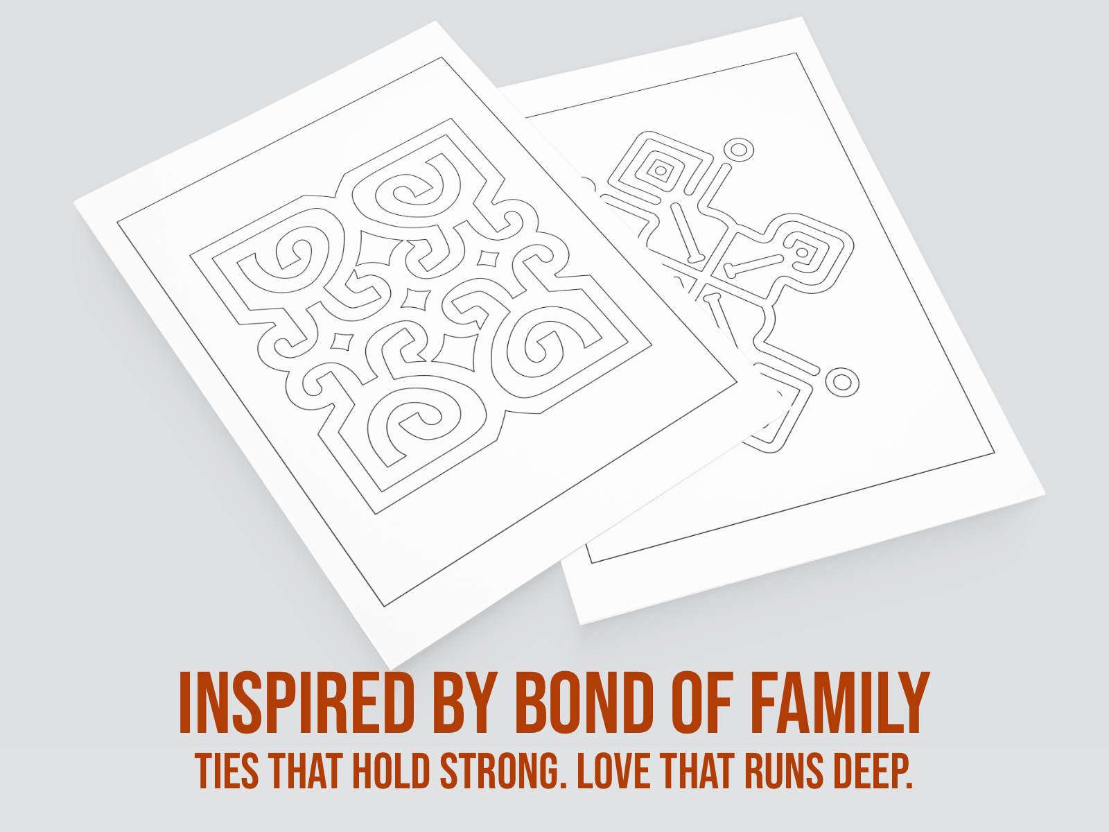 Two white cards with maze like Africa inspired designs on a gray background, featuring text about family bonds.