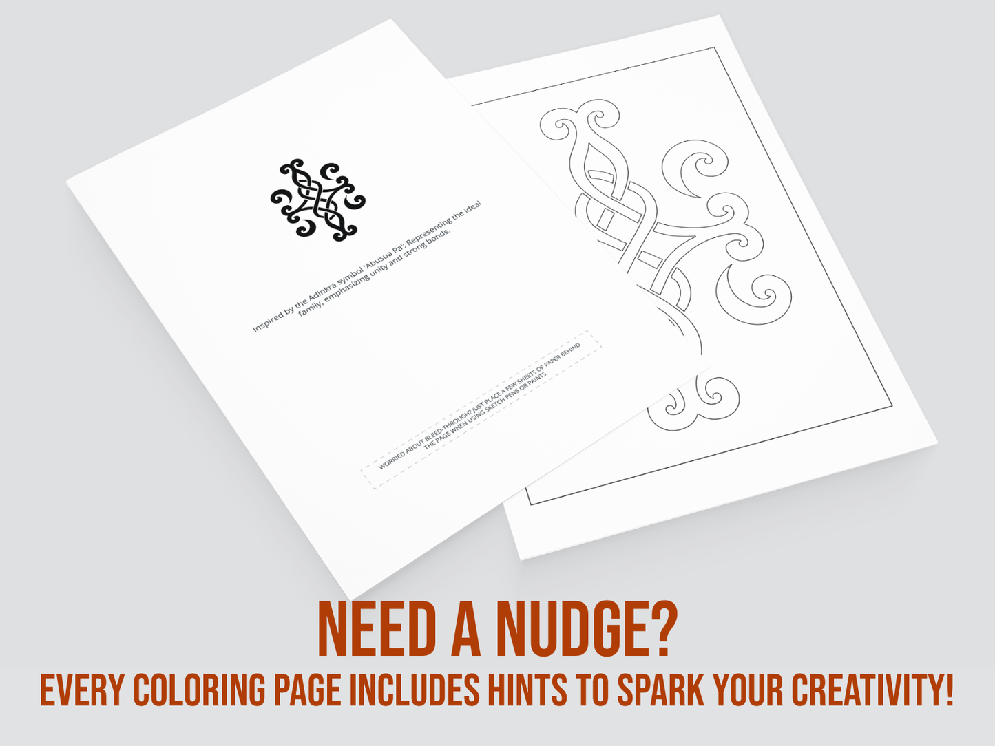 Two coloring pages with patterns on a gray background, featuring text about hints to spark creativity.