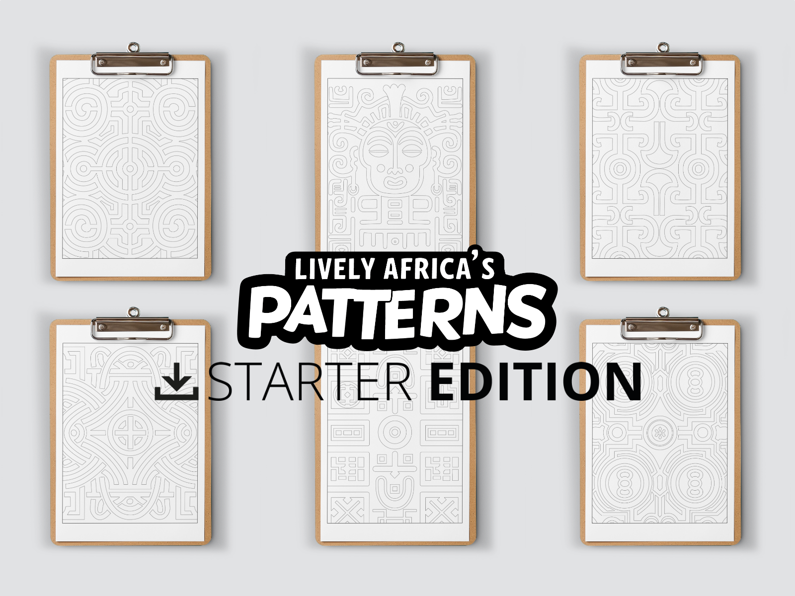 Africa inspired patterns on 6 clipboards on a gray background, featuring 'Lively Africa's Patterns Starter Edition' text.