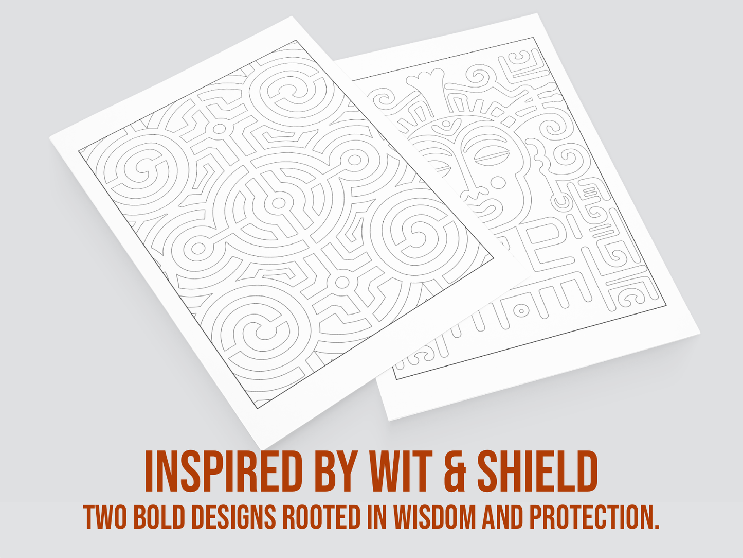 Two white pages with intricate designs on a gray background, featuring the text 'Inspired by Wit & Shield'.