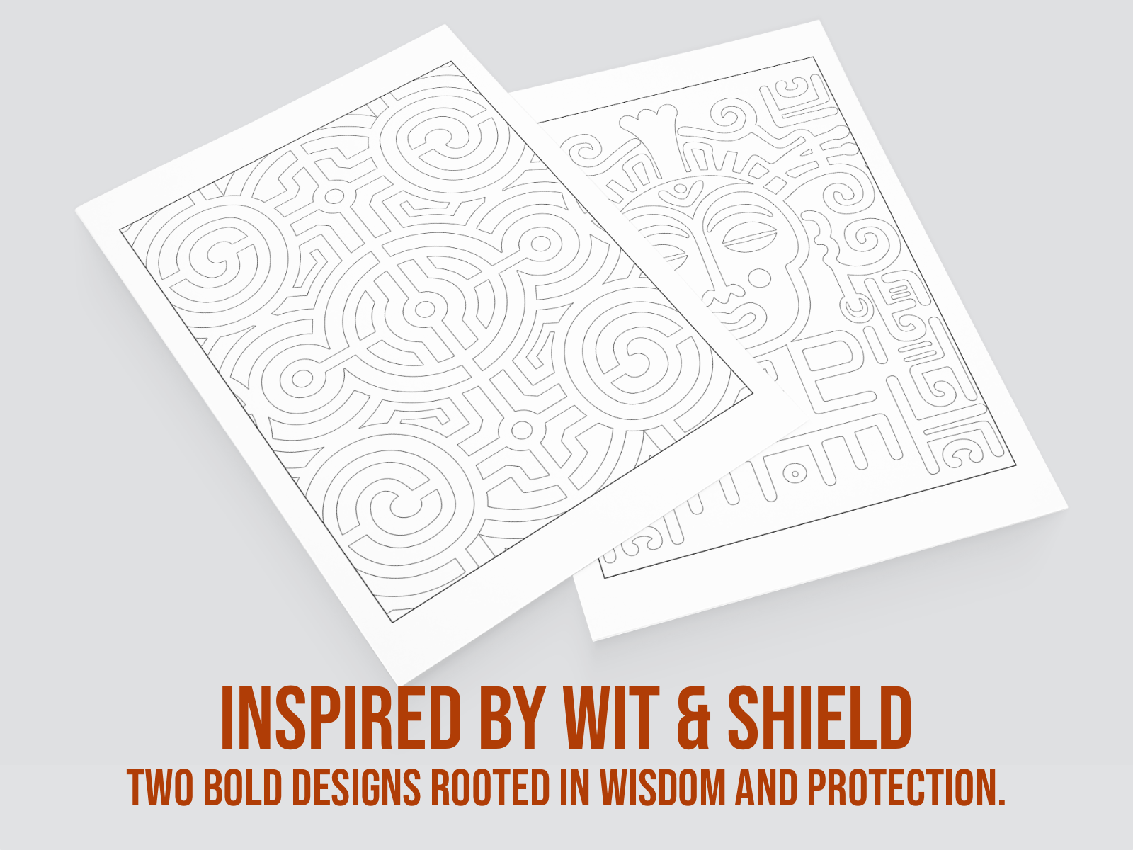 Two white pages with intricate designs on a gray background, featuring the text 'Inspired by Wit & Shield'.