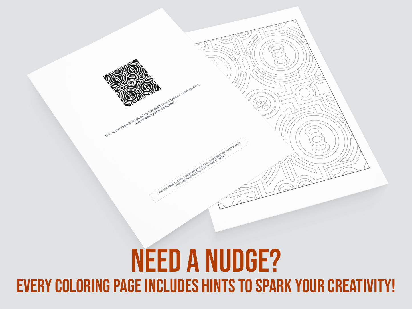 Two coloring pages with patterns and text on a gray background, featuring the text 'NEED A NUDGE?'.
