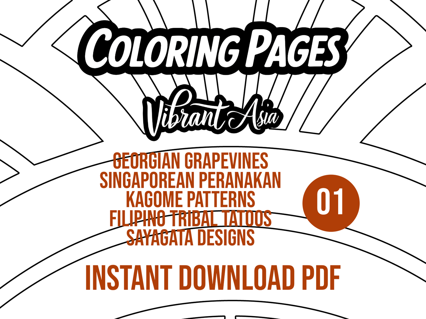 Promotional graphic for 'Coloring Pages Pack 01 from Vibrant Asia' with text about different patterns and designs.