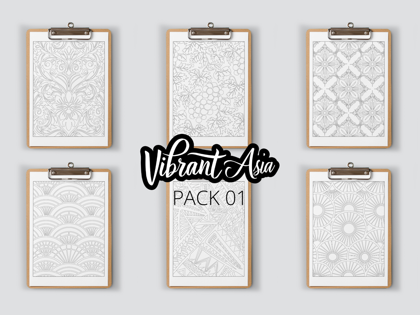 Set of six framed on clipboard prints with geometric patterns on a gray background, featuring the brand 'Vibrant Asia'.
