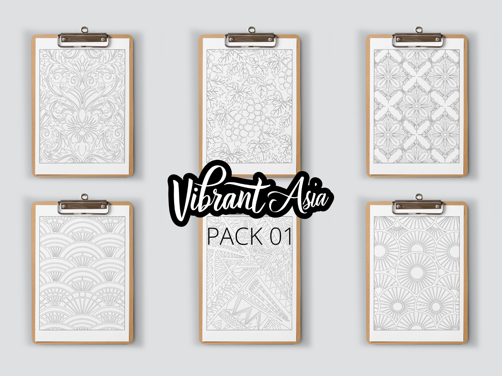 Set of six framed on clipboard prints with geometric patterns on a gray background, featuring the brand 'Vibrant Asia'.