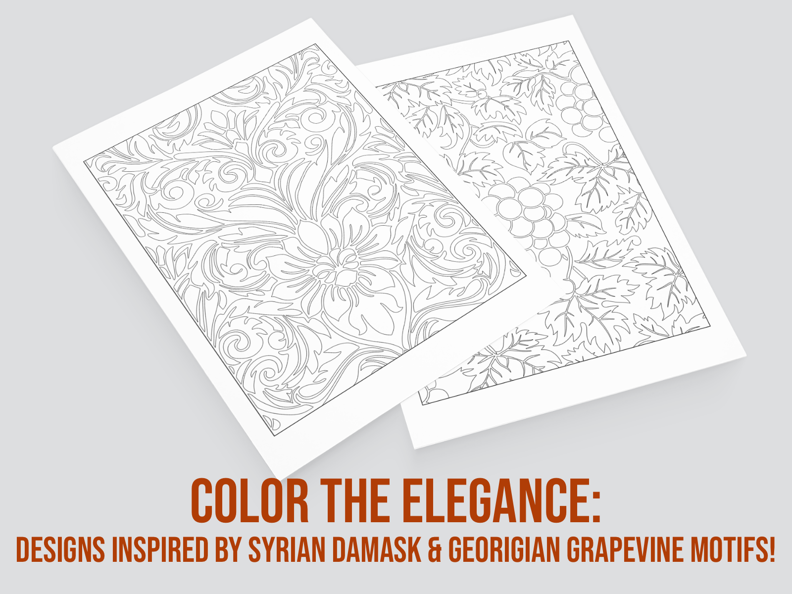 Two sheets of paper with intricate floral designs on a gray background, featuring text about Syrian Damask and Georgian Grapevine motifs.