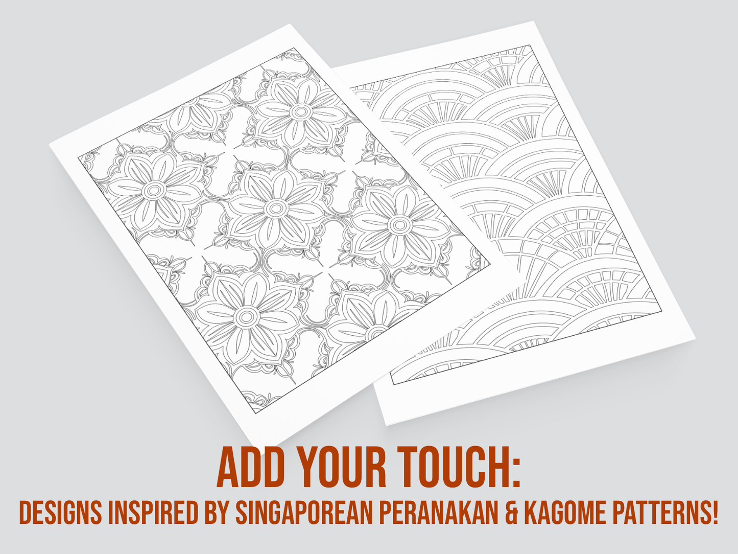 Two coloring pages with intricate patterns on a gray background, featuring text about Peranakan and Kagome designs.