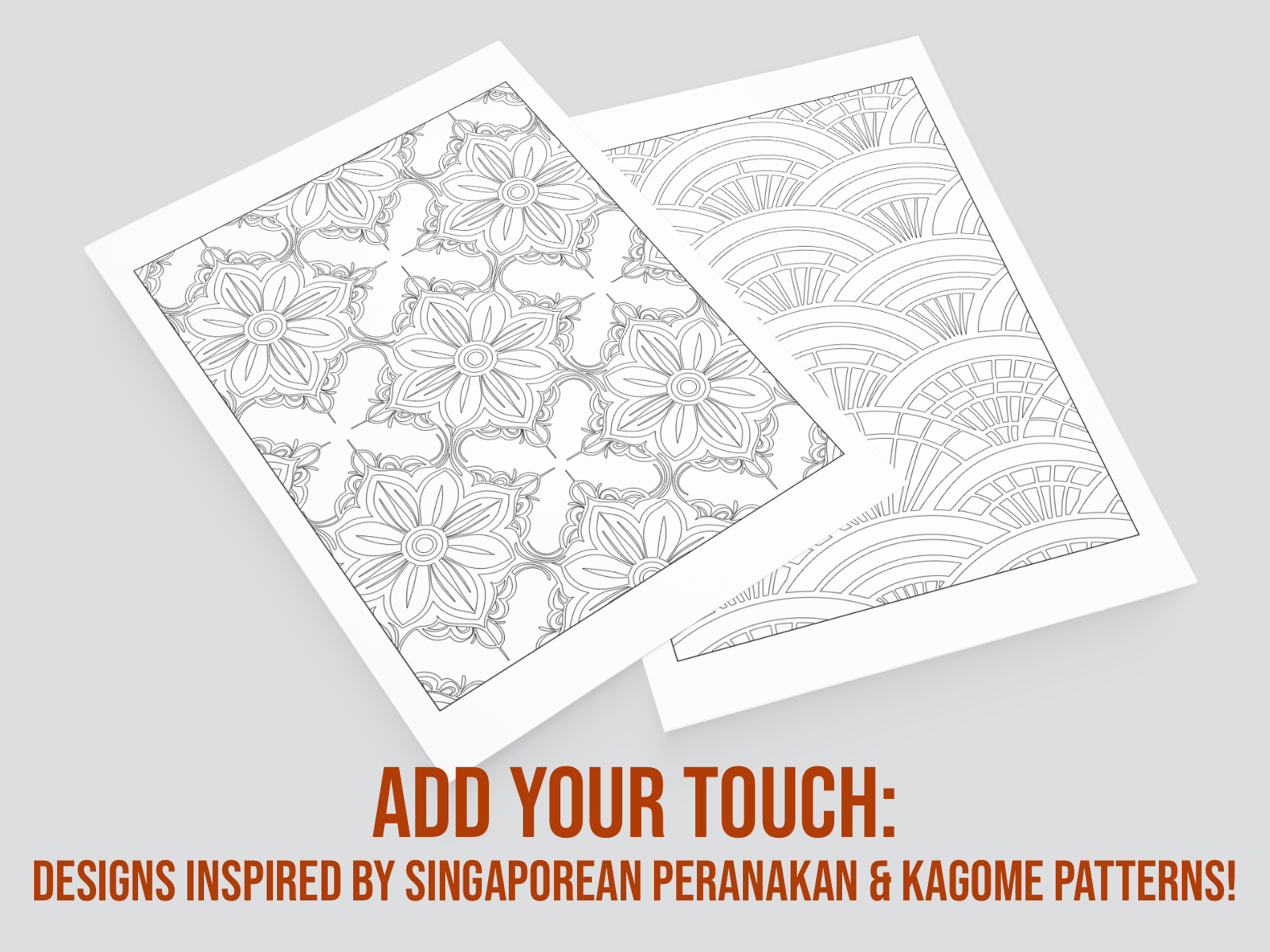 Two coloring pages with intricate patterns on a gray background, featuring text about Peranakan and Kagome designs.