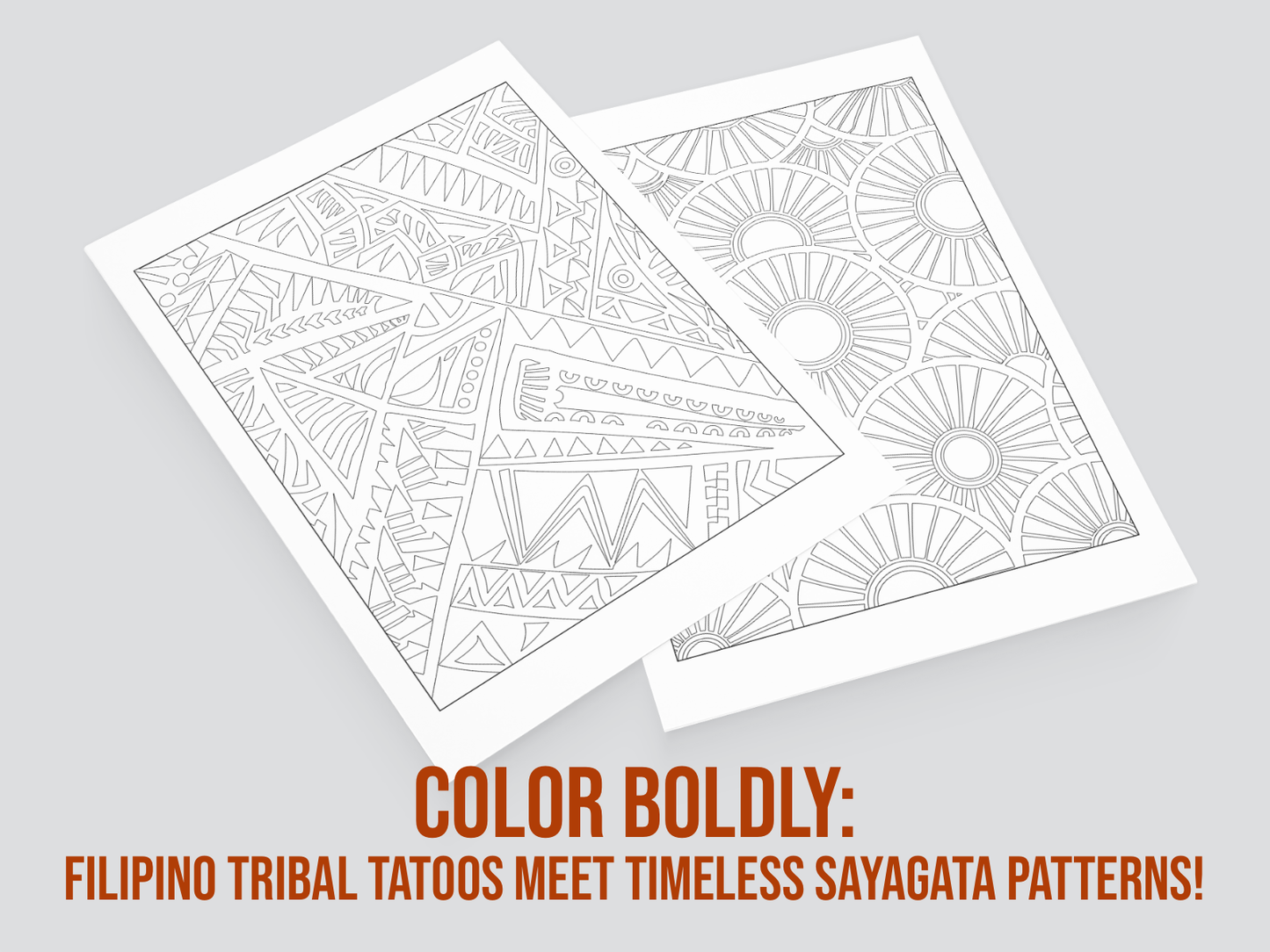 Two sheets of paper with intricate patterns on a gray background, featuring text about Filipino tribal tattoos and Sayagata patterns.