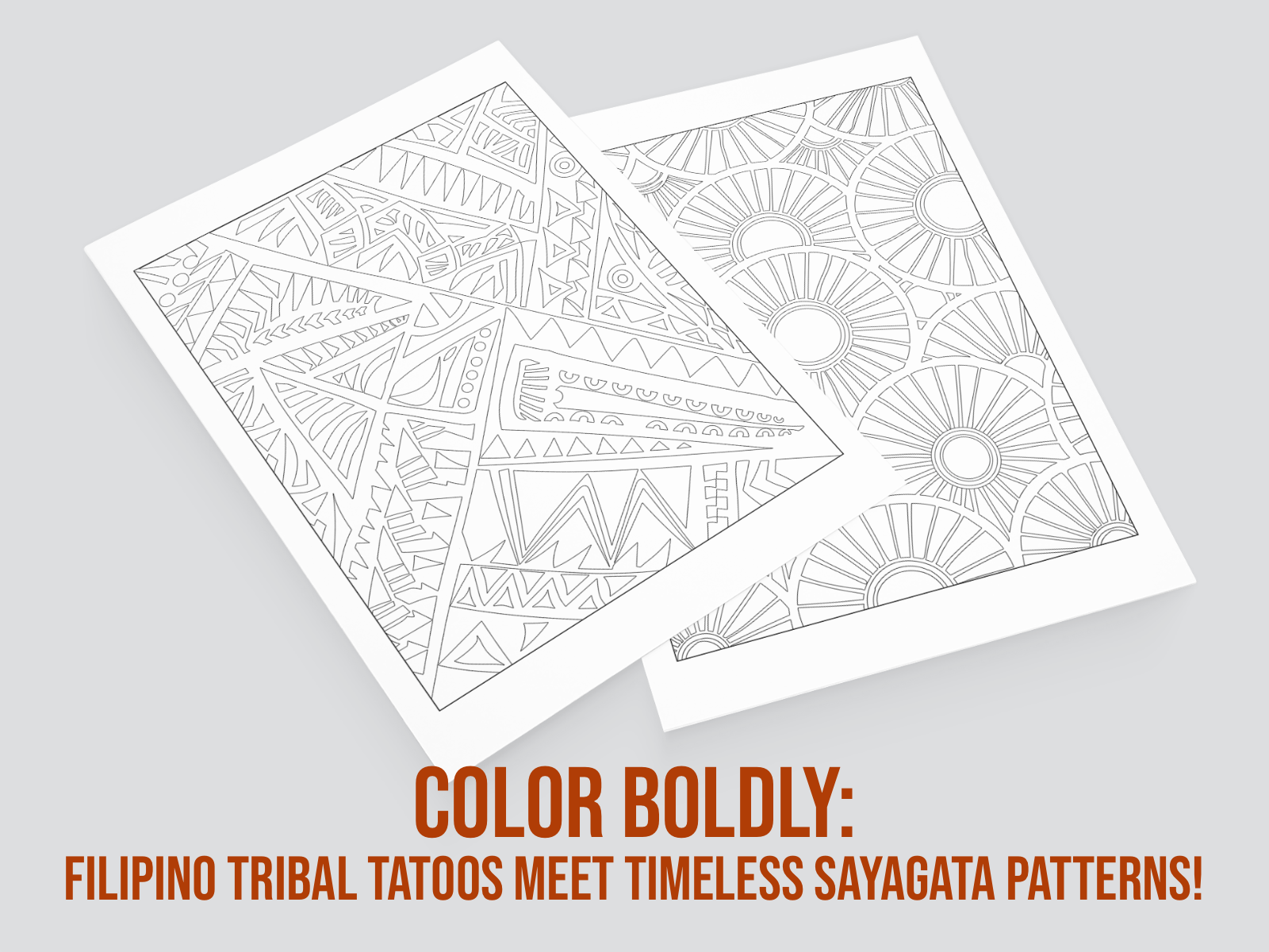 Two sheets of paper with intricate patterns on a gray background, featuring text about Filipino tribal tattoos and Sayagata patterns.