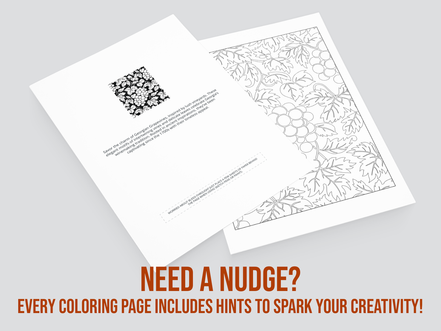 Two coloring pages with floral patterns on a gray background, accompanied by text.