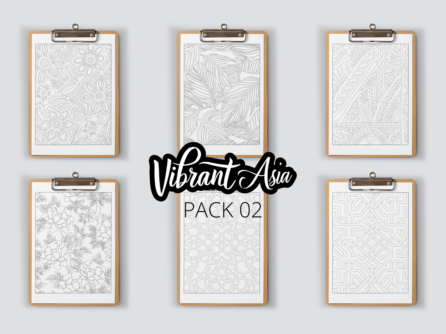 Set of six framed on clipboard designs on clipboards with 'Vibrant Asia Pack 02' text.