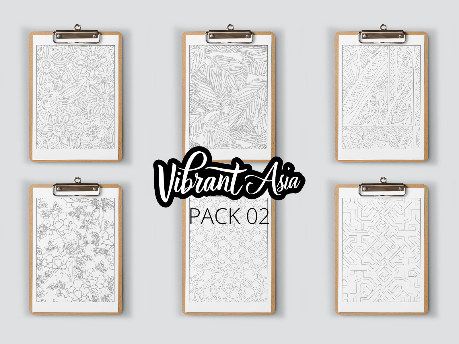 Set of six framed on clipboard designs on clipboards with 'Vibrant Asia Pack 02' text.