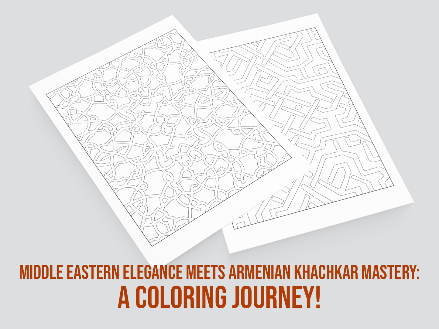Two coloring pages with geometric patterns on a gray background, featuring text about a coloring journey.