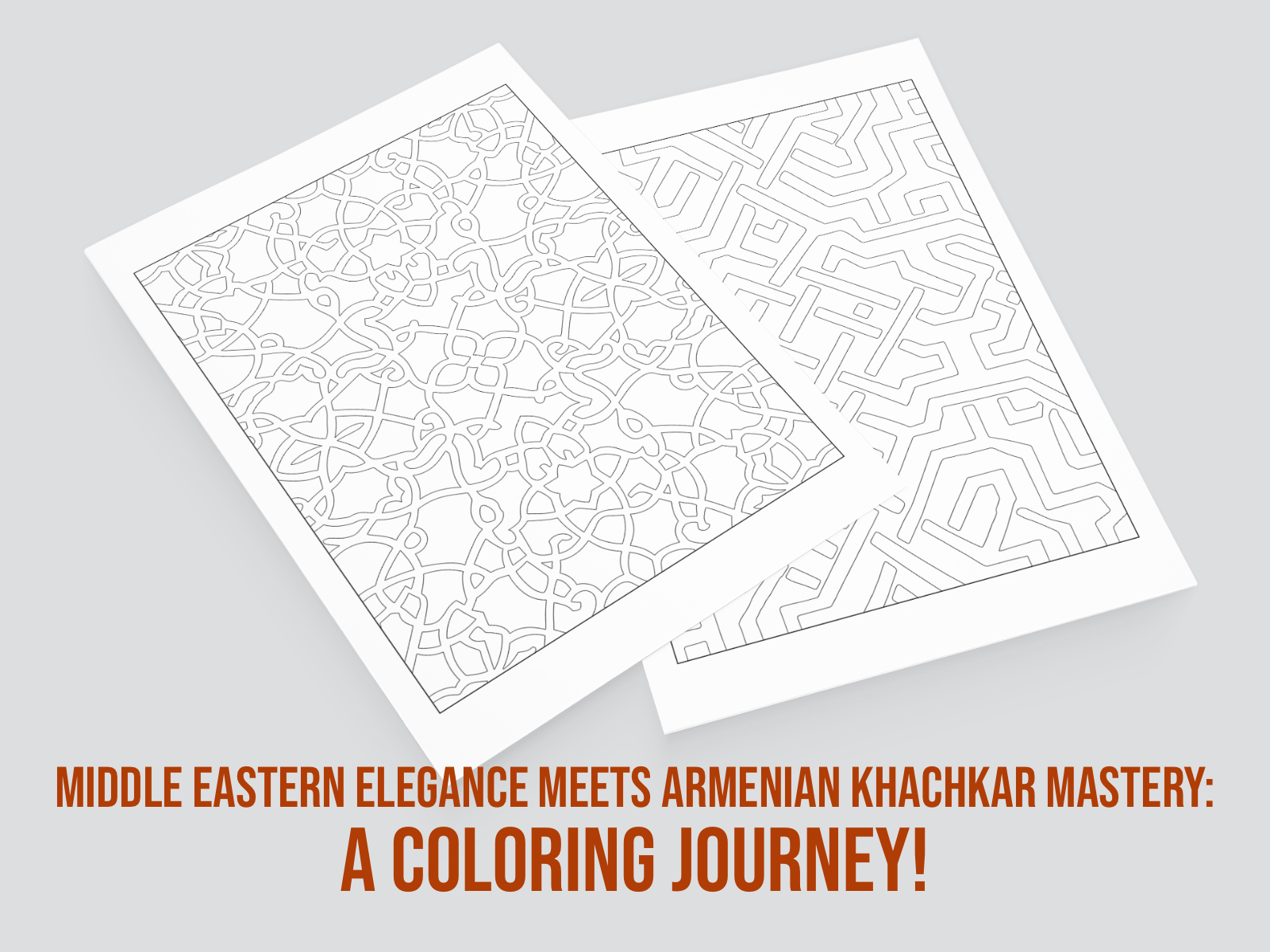 Two coloring pages with geometric patterns on a gray background, featuring text about a coloring journey.