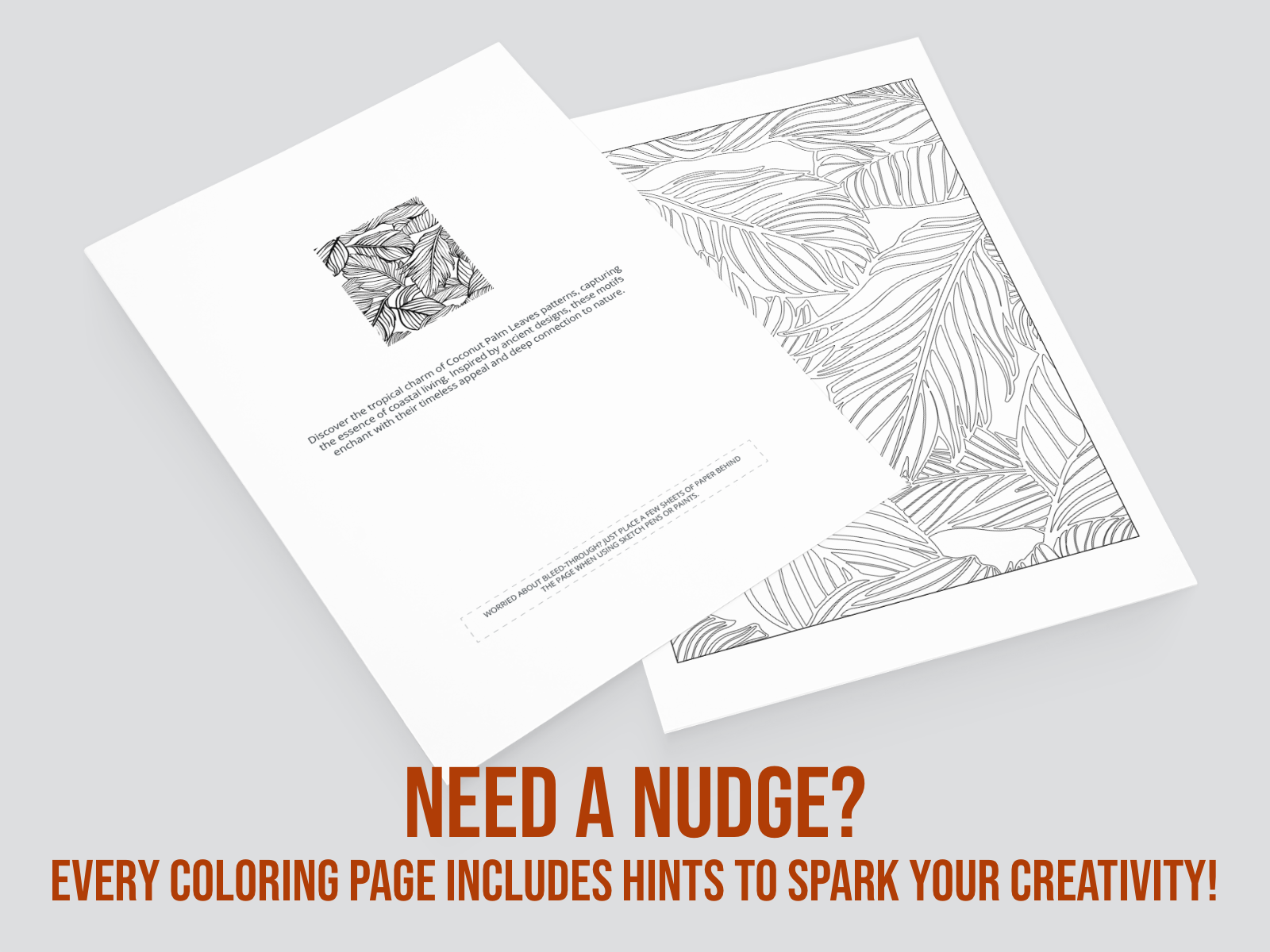 Two coloring pages with patterns on a gray background, featuring text about coloring page hints.