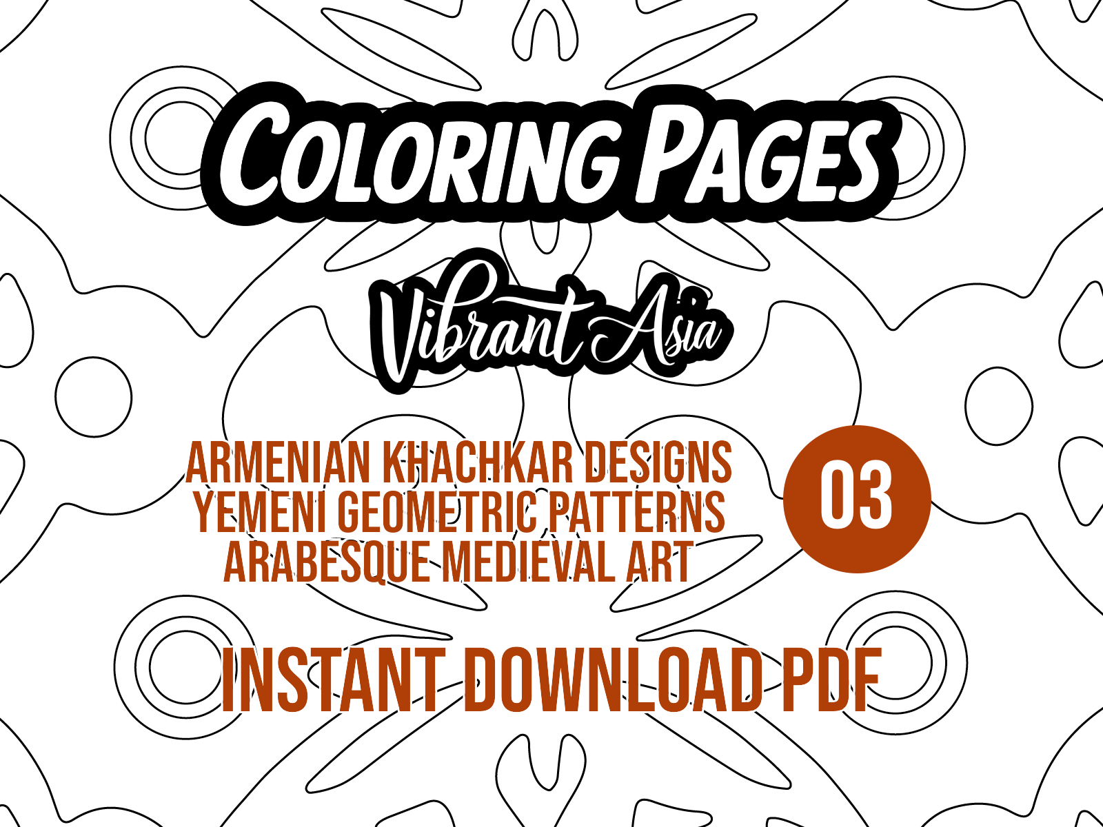 Cover of a coloring pack with geometric patterns and text about Armenian Khachkar designs, Yemeni geometric patterns, and Arabesque medieval art.