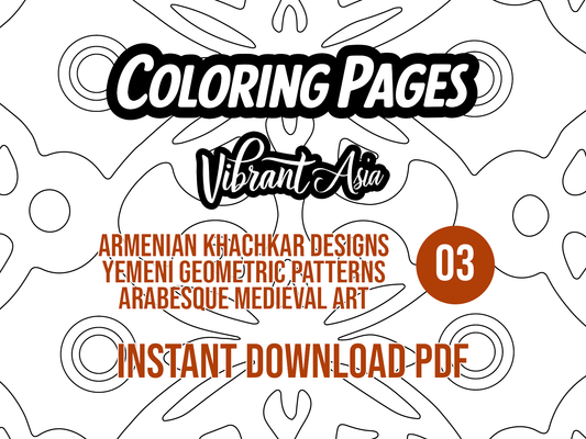 Cover of a coloring pack with geometric patterns and text about Armenian Khachkar designs, Yemeni geometric patterns, and Arabesque medieval art.