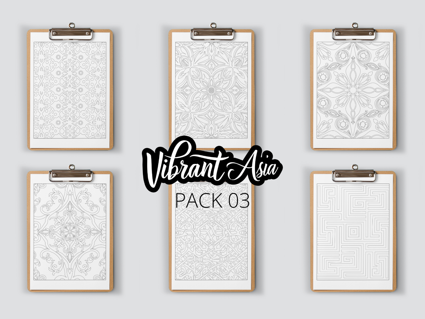 Set of six framed on clipboard prints with intricate patterns on a gray background, featuring the brand 'Vibrant Asia'.