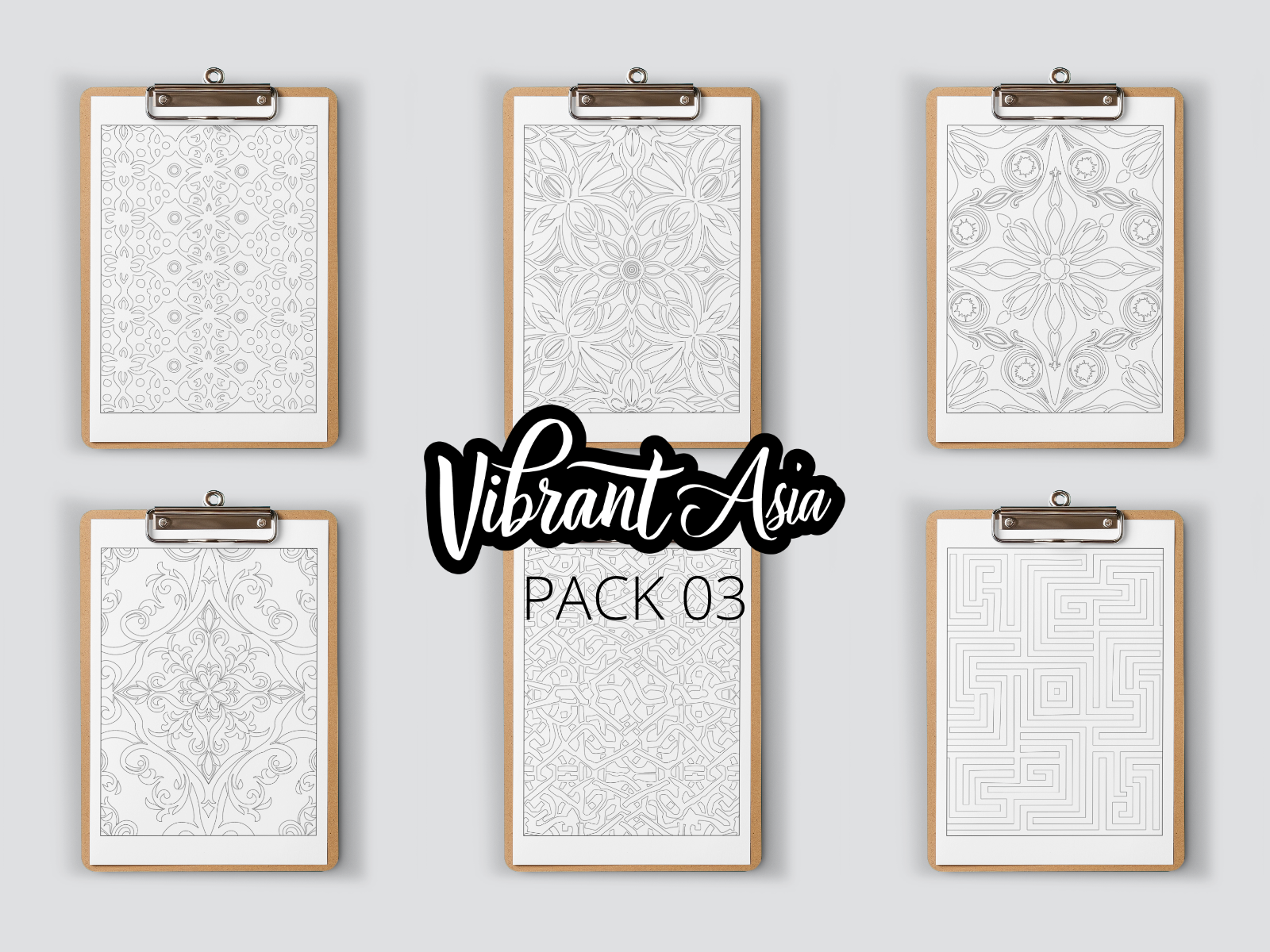 Set of six framed on clipboard prints with intricate patterns on a gray background, featuring the brand 'Vibrant Asia'.