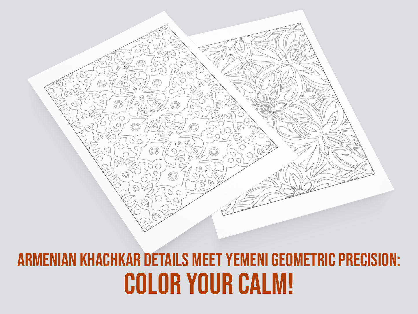 Two coloring pages with intricate patterns on a gray background, accompanied by promotional text.