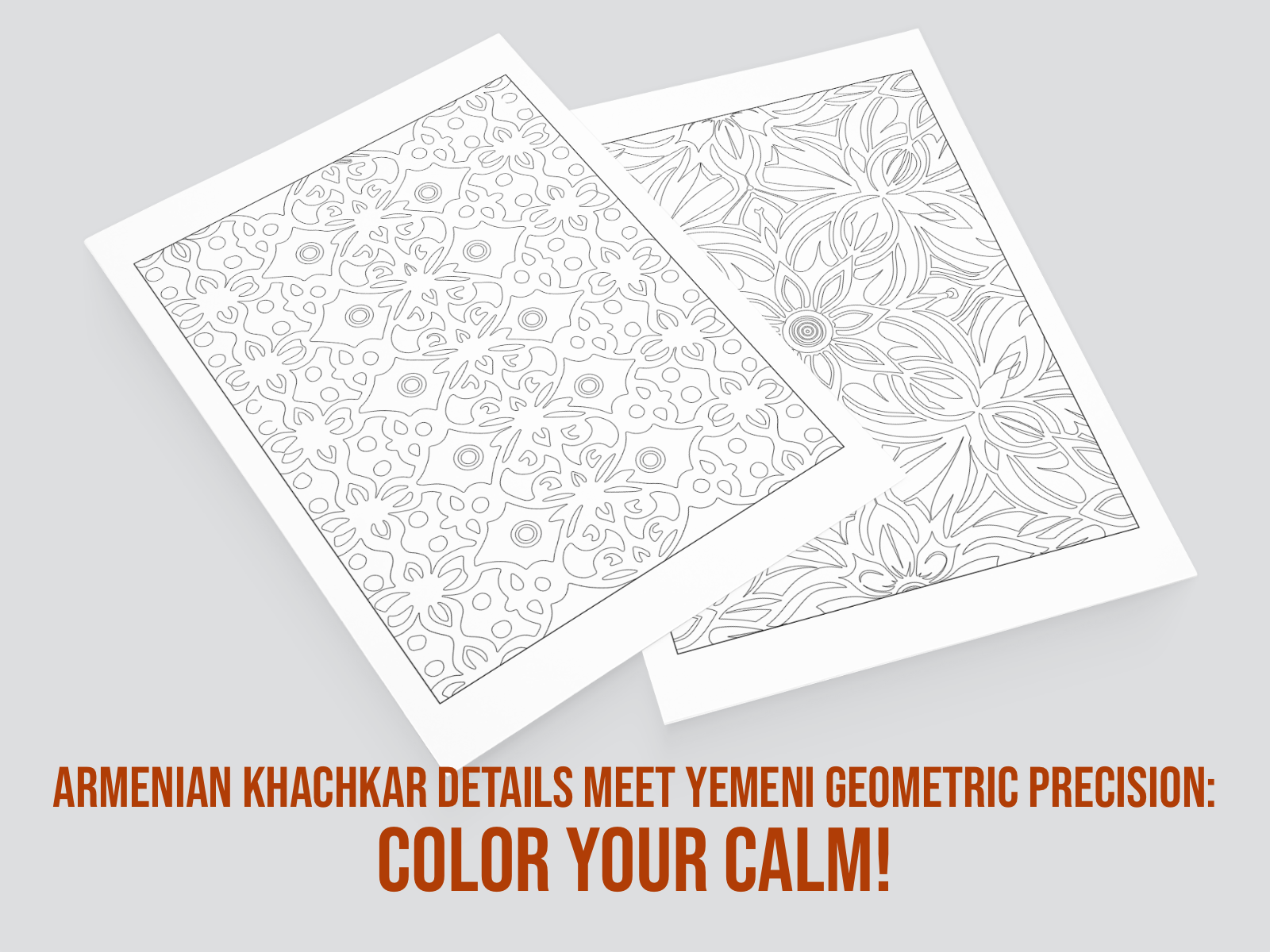 Two coloring pages with intricate patterns on a gray background, accompanied by promotional text.