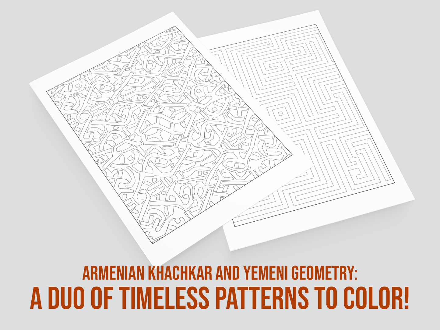 Two sheets of paper with geometric patterns on a gray background, featuring text about Armenian Khachkar and Yemeni Geometry.