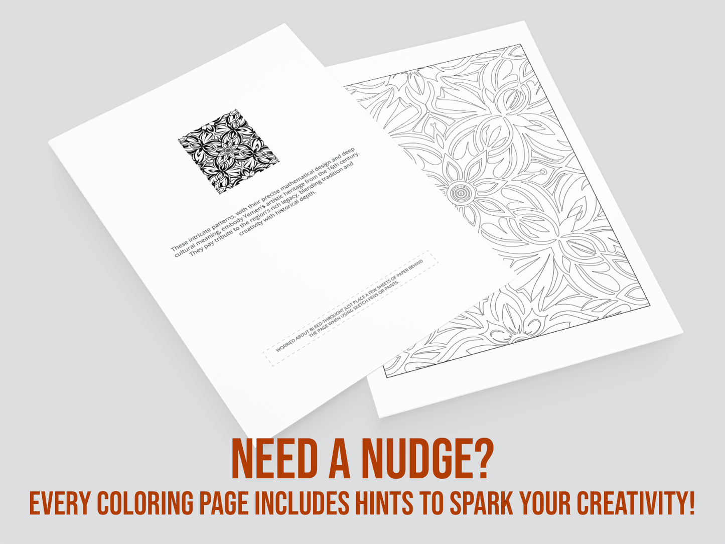 Two coloring pages with patterns on a gray background, featuring text about coloring hints.