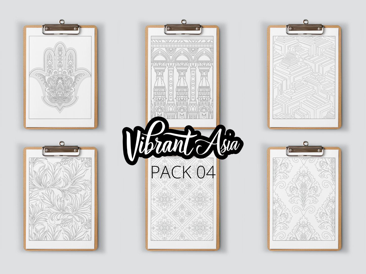 Set of six framed prints on clipboards with geometric and abstract designs on a gray background, featuring the brand 'Vibrant Asia'.