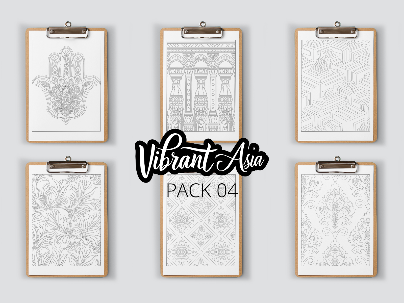 Set of six framed prints on clipboards with geometric and abstract designs on a gray background, featuring the brand 'Vibrant Asia'.