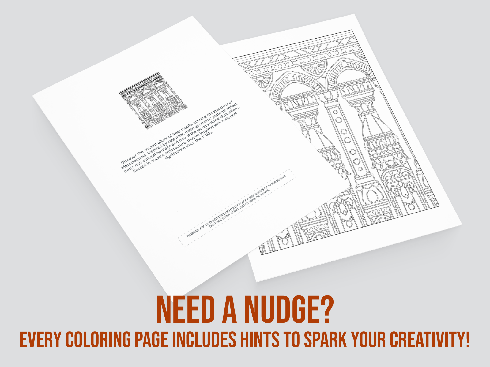Two coloring pages with architectural designs from Asia on a gray background, accompanied by text.