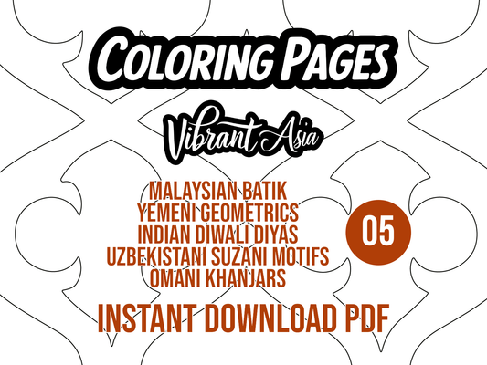 Promotional graphic for 'Coloring Pages Pack 05' by Vibrant Asia with text about different geometric patterns.