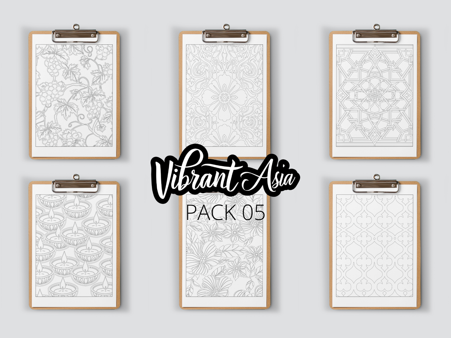 Set of six clipboard framed prints with intricate designs on a gray background, featuring the brand 'Vibrant Asia'.