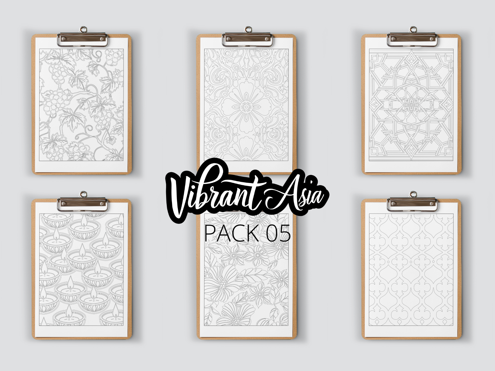 Set of six clipboard framed prints with intricate designs on a gray background, featuring the brand 'Vibrant Asia'.