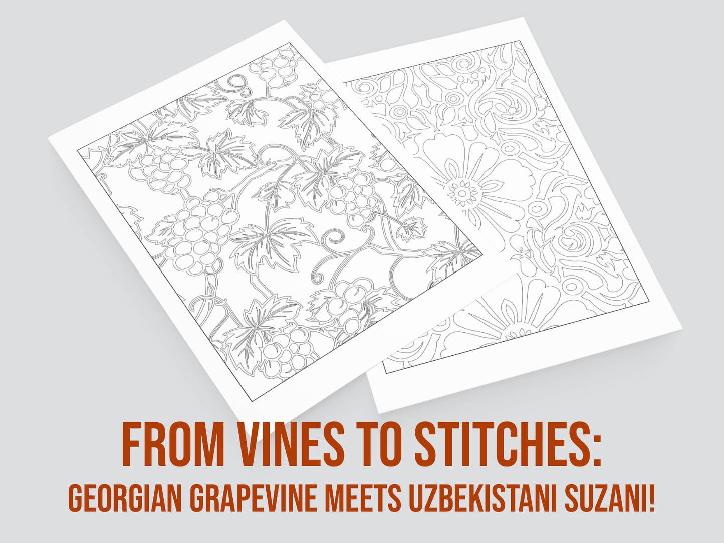 Two coloring pages with intricate designs on a gray background, featuring text about Georgian grapevine and Uzbekistani Suzani.