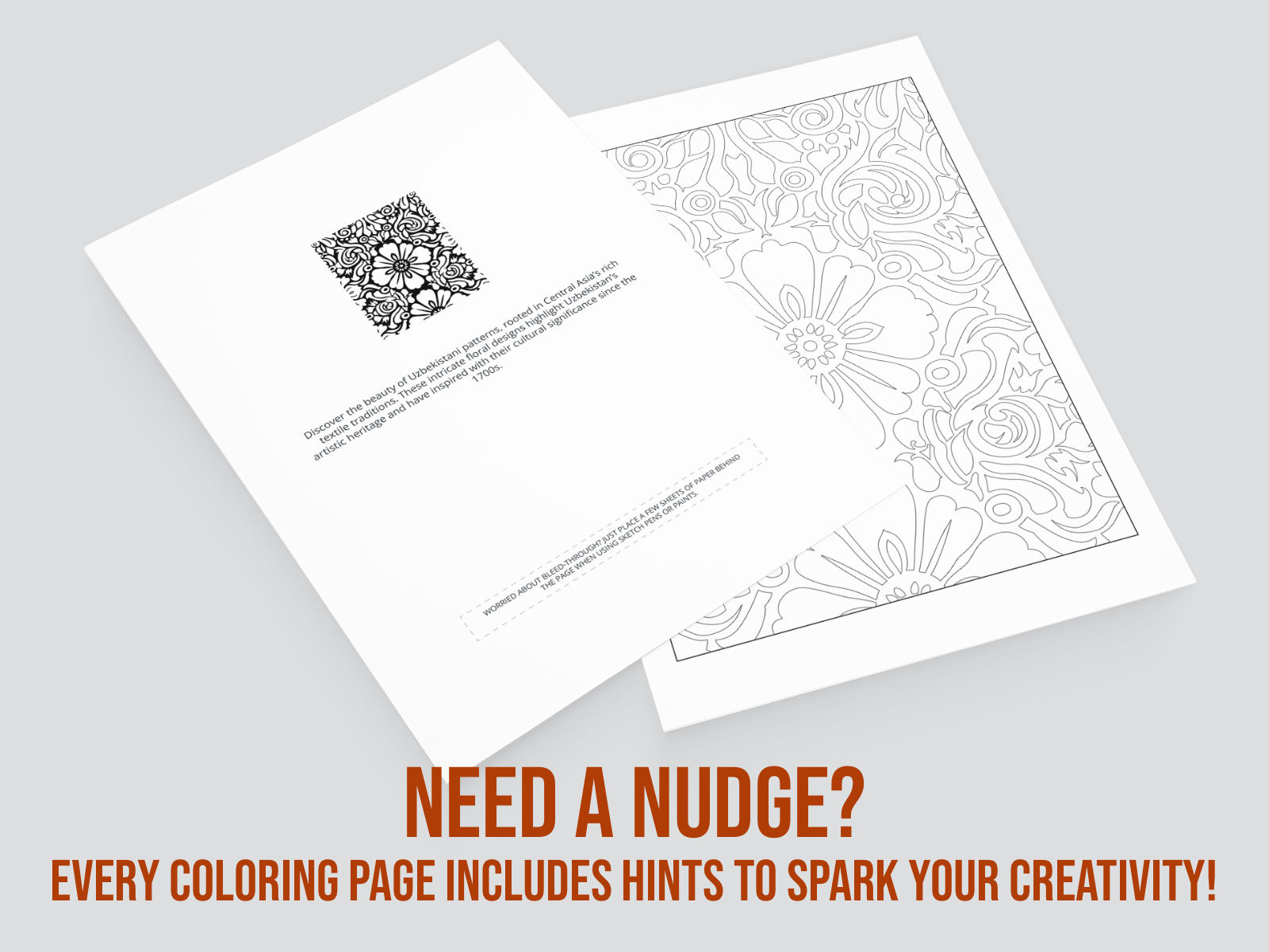 Two coloring pages on a gray background with text encouraging creativity.