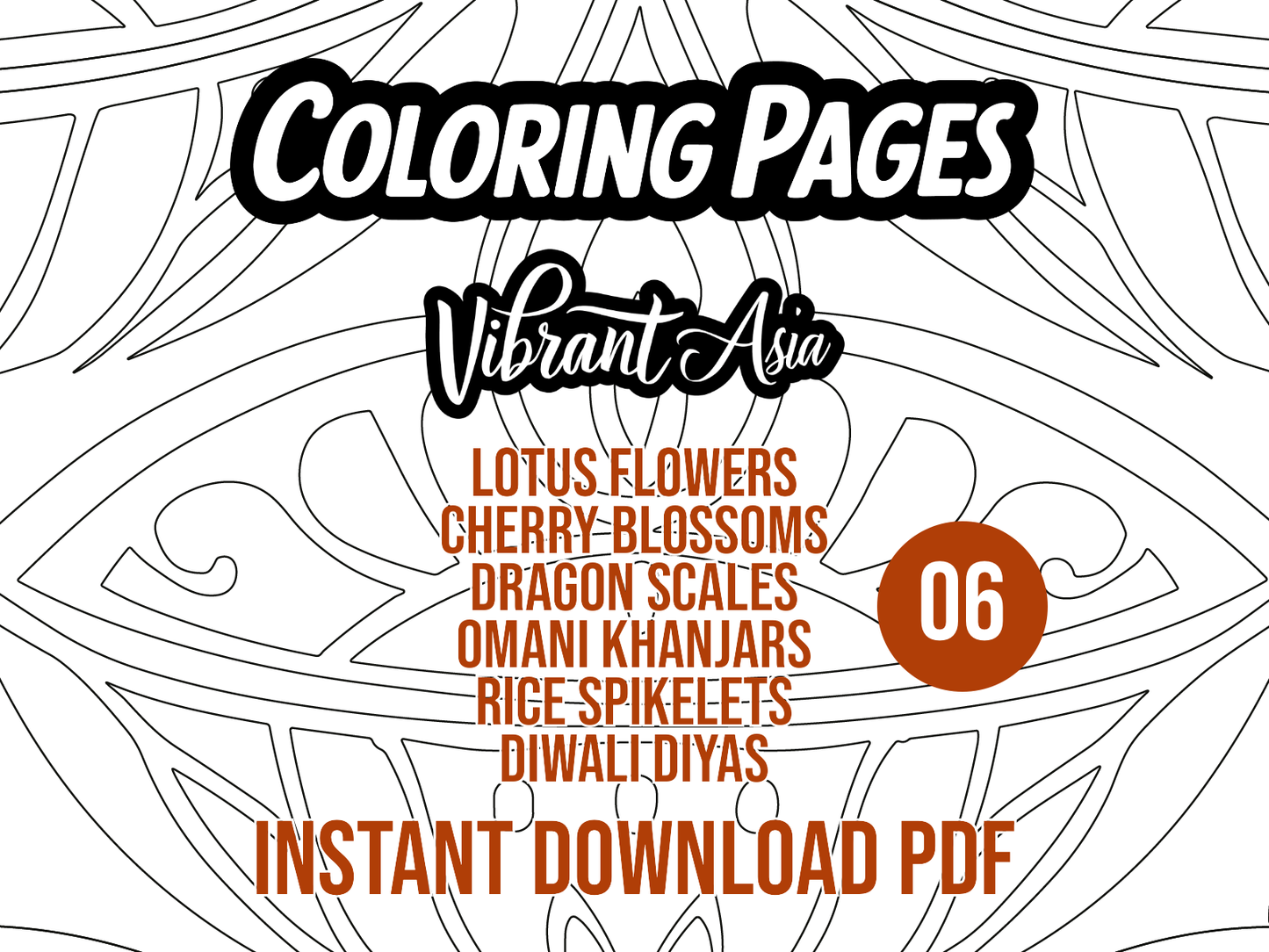 Cover of a coloring page pack with abstract patterns and text about coloring pages inspired by Vibrant Asia and text showing the origin of these patterns.