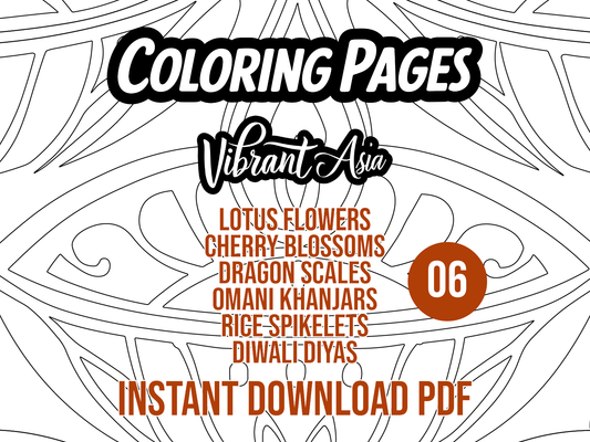 Cover of a coloring page pack with abstract patterns and text about coloring pages inspired by Vibrant Asia and text showing the origin of these patterns.
