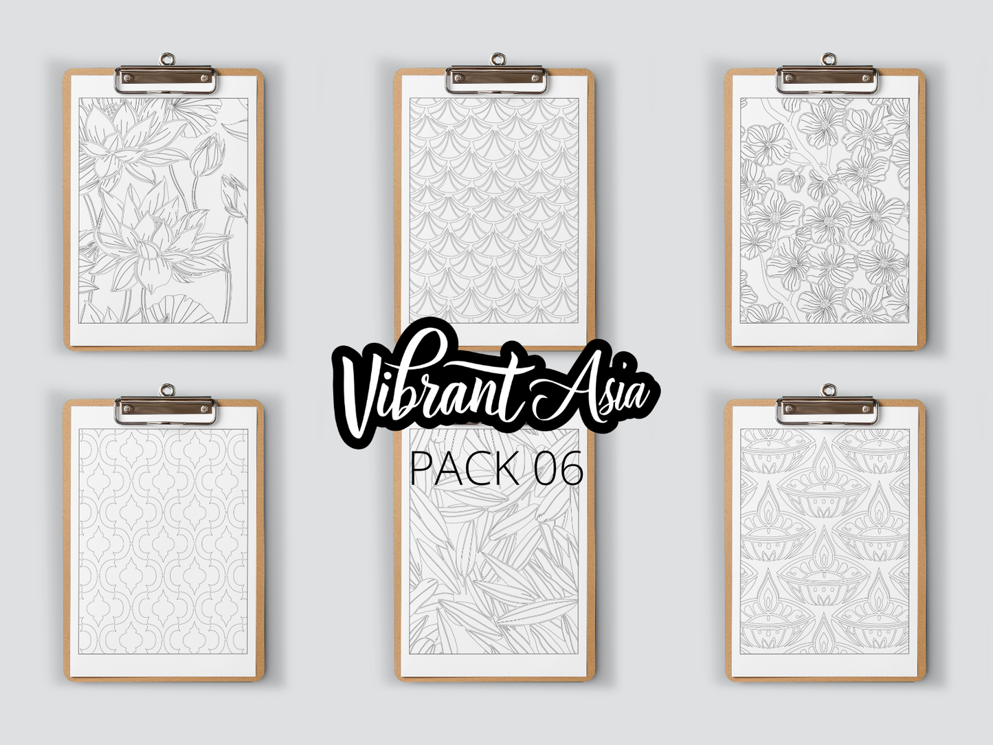 Set of six framed black and white line art prints on clipboards on a gray background with 'Vibrant Asia' branding.