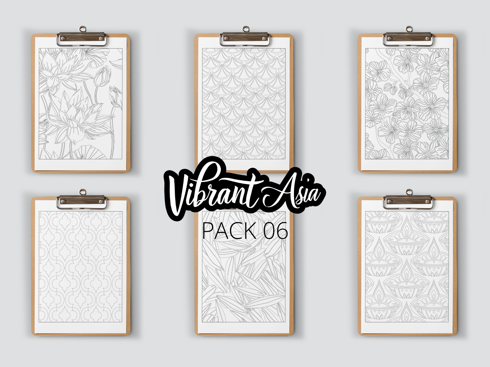 Set of six framed black and white line art prints on clipboards on a gray background with 'Vibrant Asia' branding.