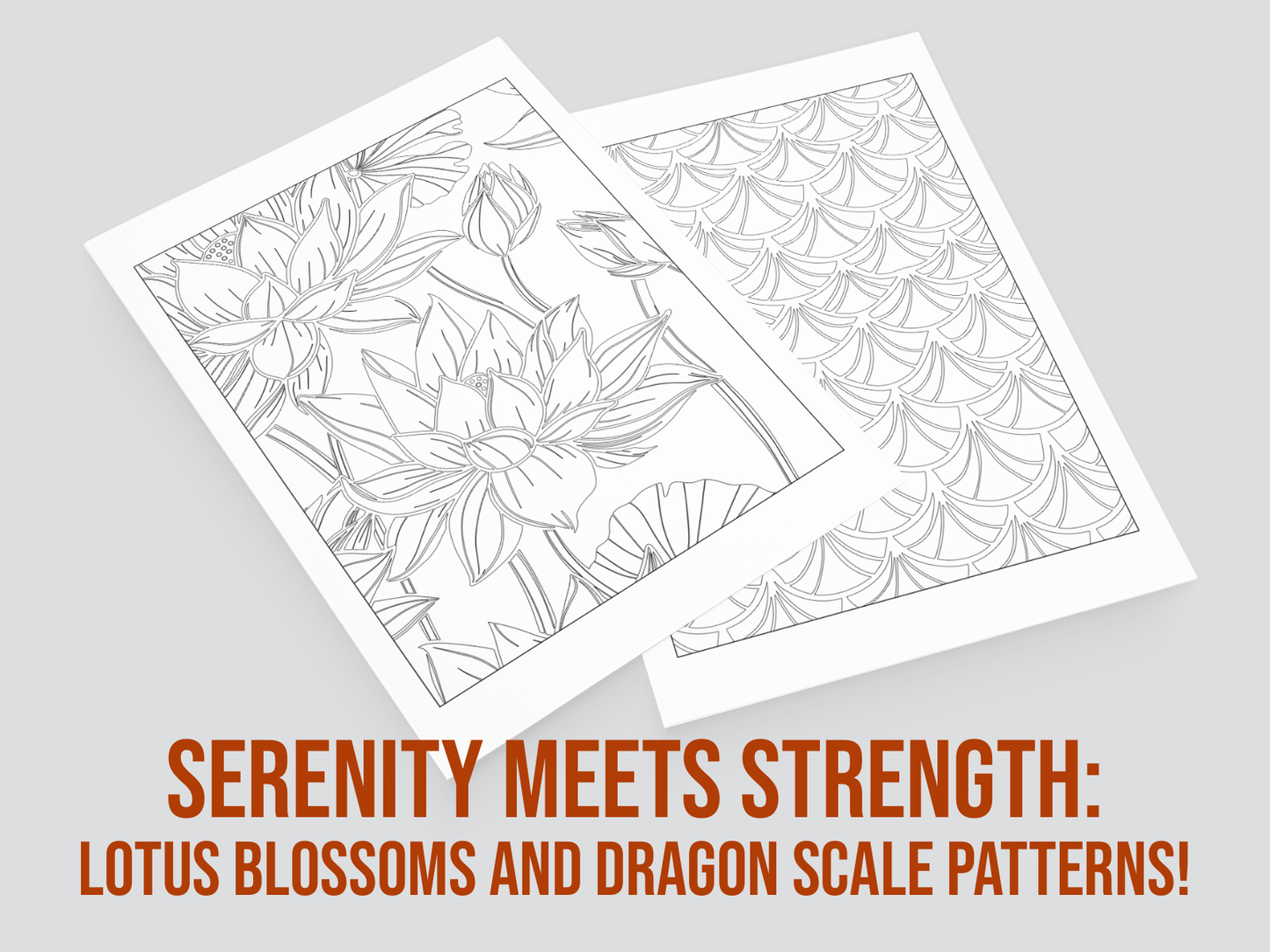 Two sheets of paper with lotus blossoms and dragon scale patterns on a gray background.