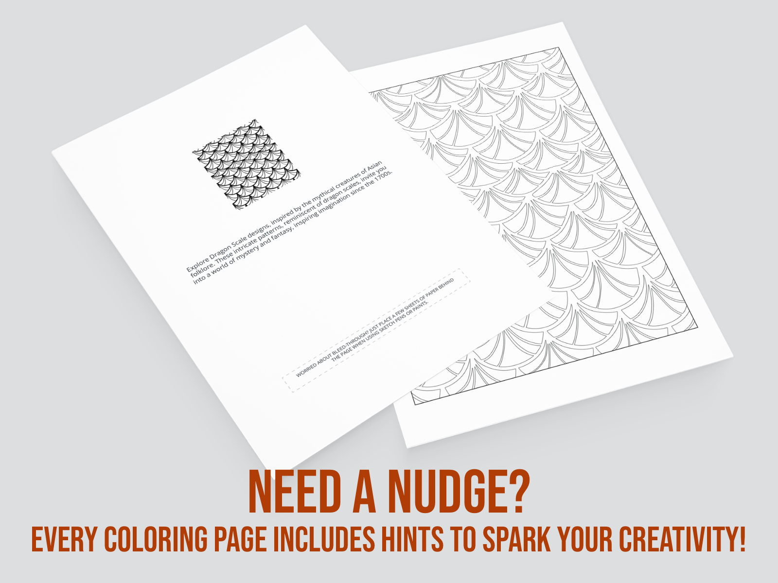 Two coloring pages with patterns on a gray background, accompanied by text encouraging creativity.