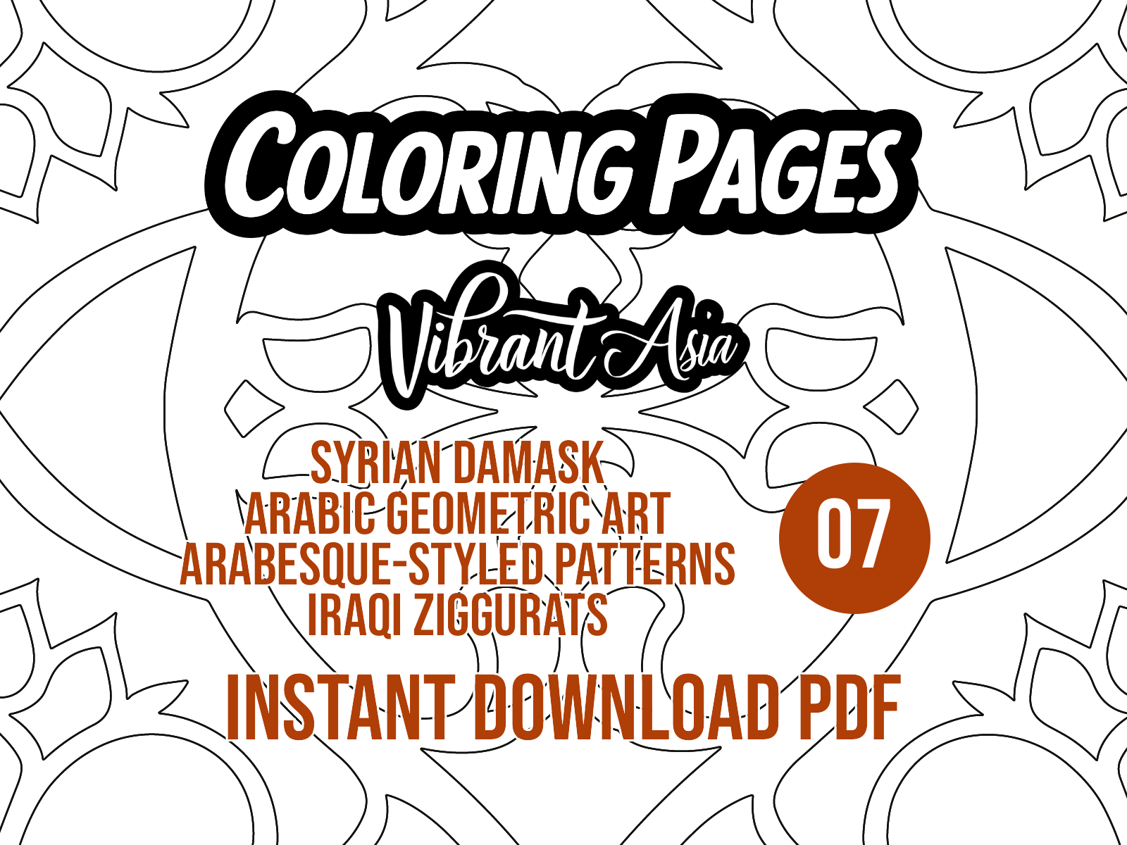 Promotional graphic for 'Coloring Pages' by Vibrant Asia with geometric patterns and text.
