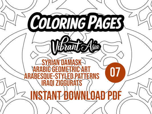 Promotional graphic for 'Coloring Pages' by Vibrant Asia with geometric patterns and text.