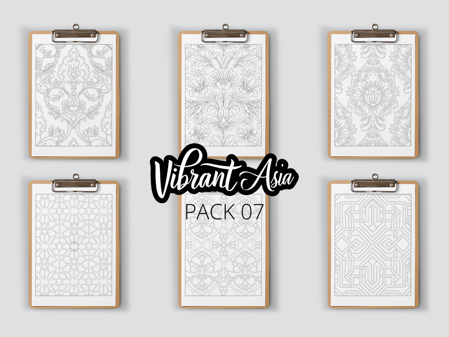 Set of six framed coloring pages on clipboards with geometric patterns on a gray background, featuring the brand 'Vibrant Asia' and text "Pack 07".