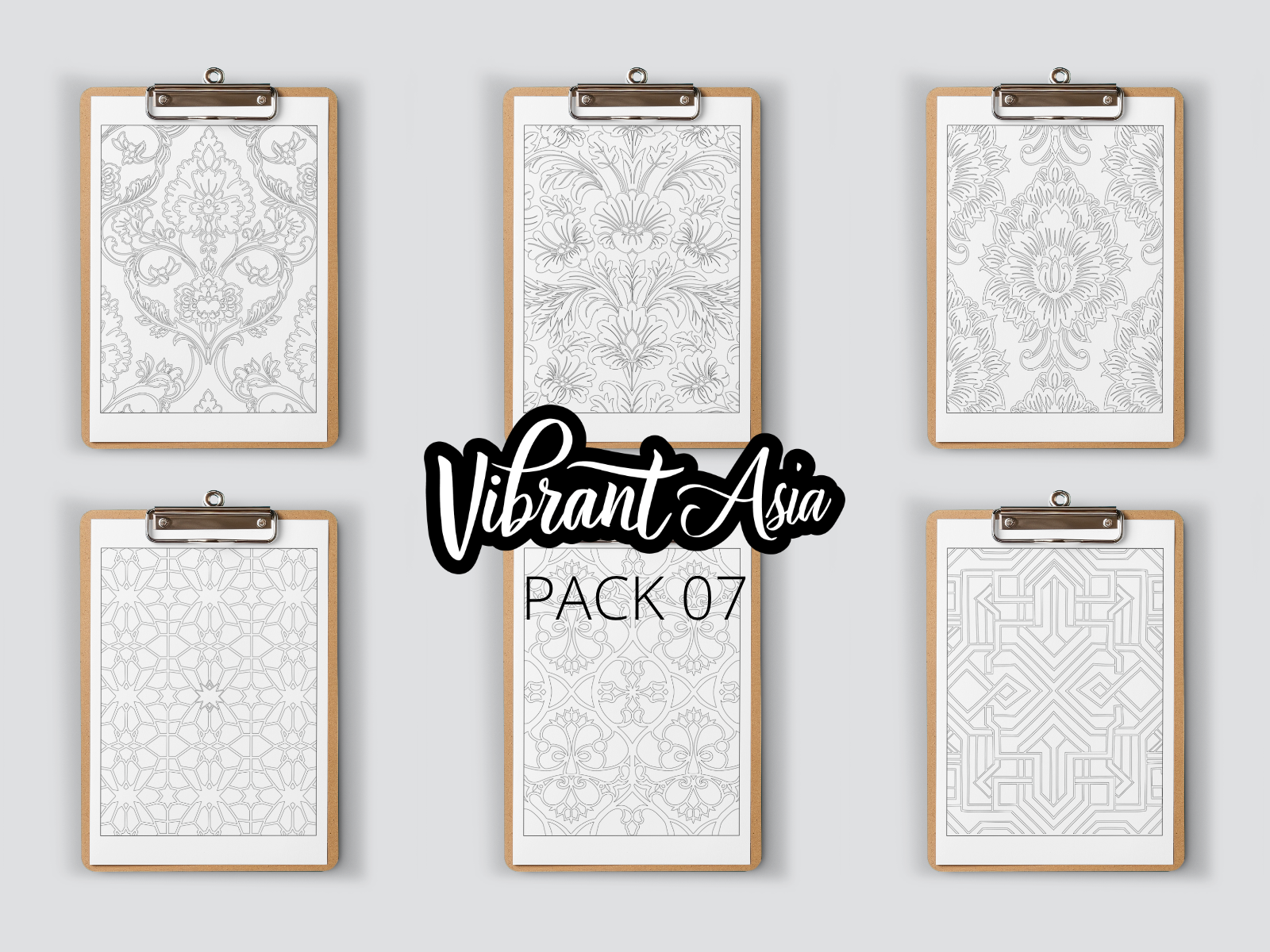 Set of six framed coloring pages on clipboards with geometric patterns on a gray background, featuring the brand 'Vibrant Asia' and text "Pack 07".