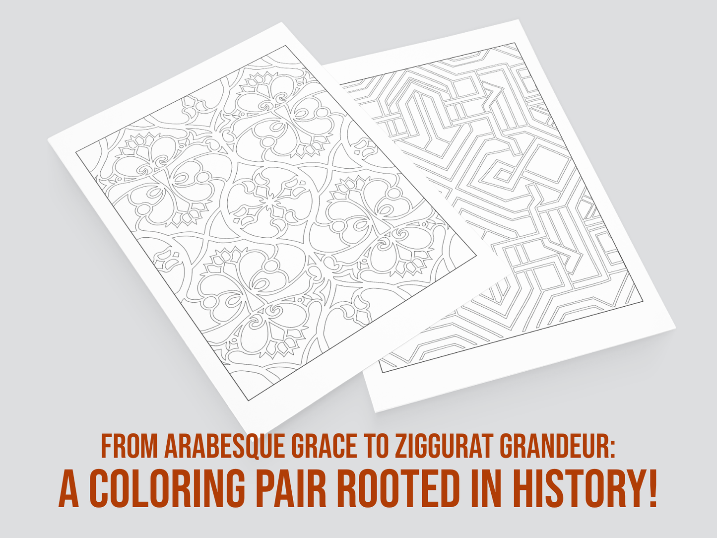 Two coloring pages with geometric and floral patterns on a gray background, featuring text about the coloring book's design inspiration.